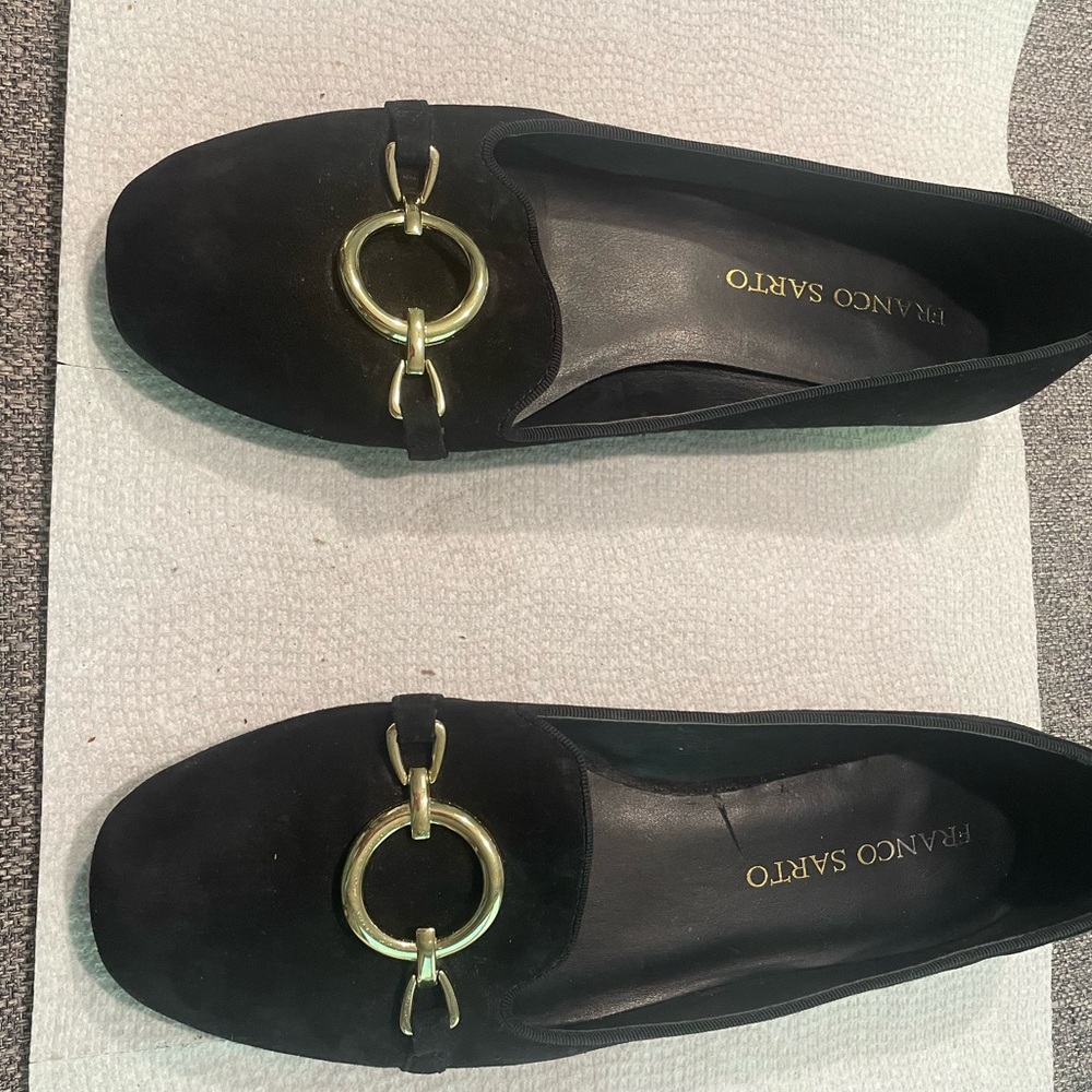 Franco Sarto Black Suede shoes with rich gold detail at the heel & buckle.  7.5